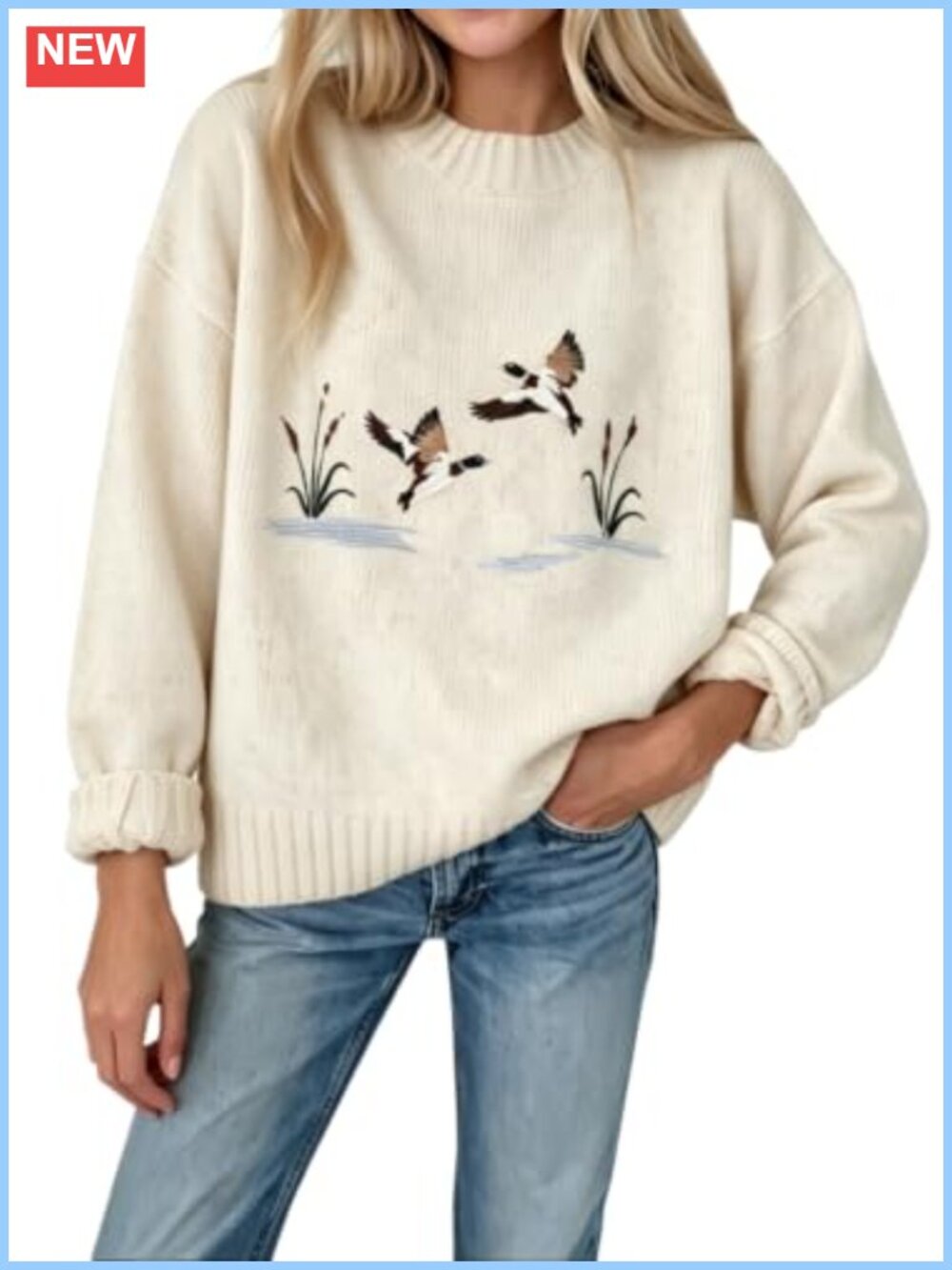 Duck Embroidered Loose Knit Crewneck Sweater Pullover